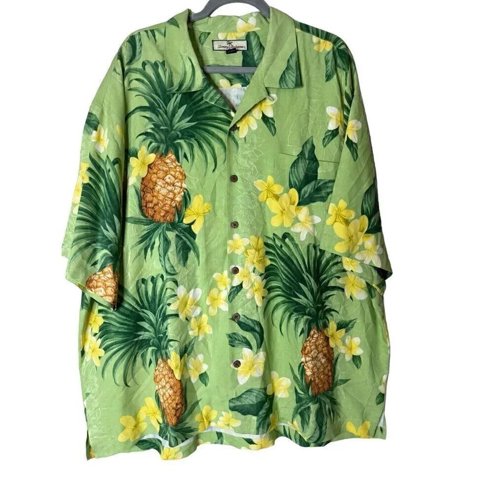 Tommy Bahama 100% Silk Hawaiian Shirt Men’s XL Pineapple Palm Frond Design XXL